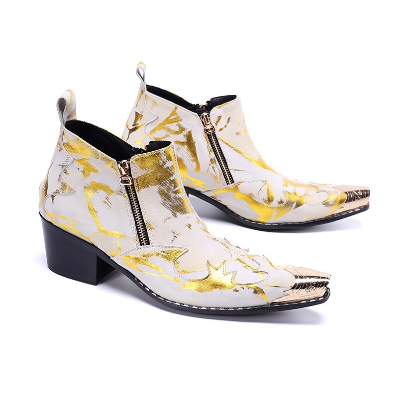 Gold Pattern Formal Men Ankle Boots Increase Height Prom Dress Boots Leather Short Boots Botas