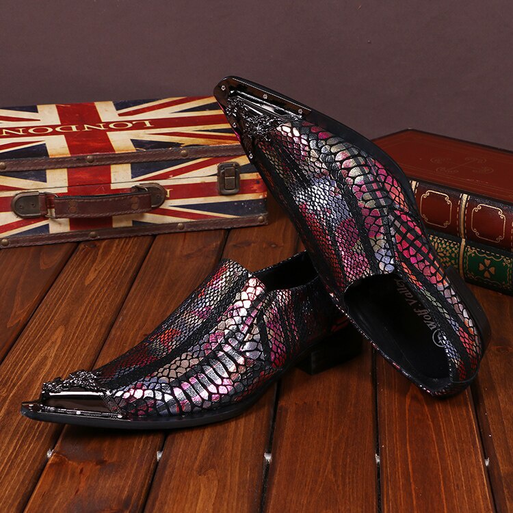 Metal Carved Flowers Pointed Toe Man Plus Size Shoes Multicolor Leather Men's Shoes