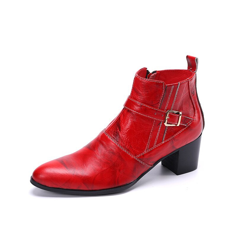 Red Leather Men High Heel Boots Pointed Toe Dress Shoes Jazz Man Short Boots