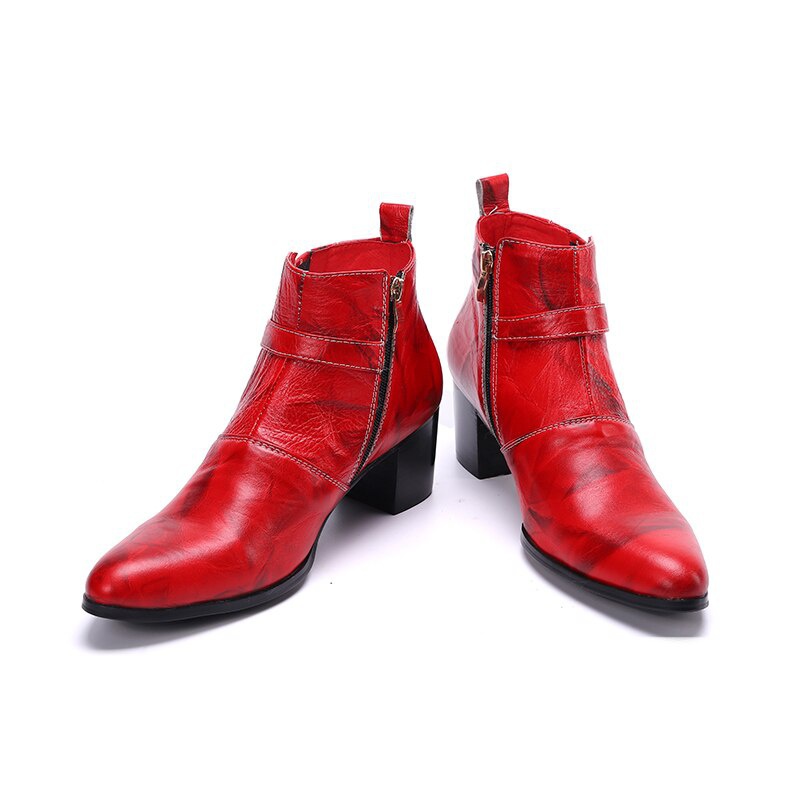 Red Leather Men High Heel Boots Pointed Toe Dress Shoes Jazz Man Short Boots