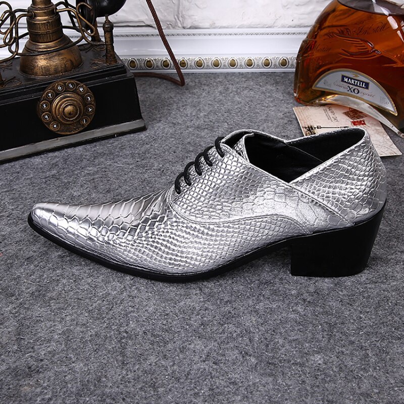 Plus Size Pointed Toe Man Oxfords Shoes Silver Leather Men's Formal Derby Shoes