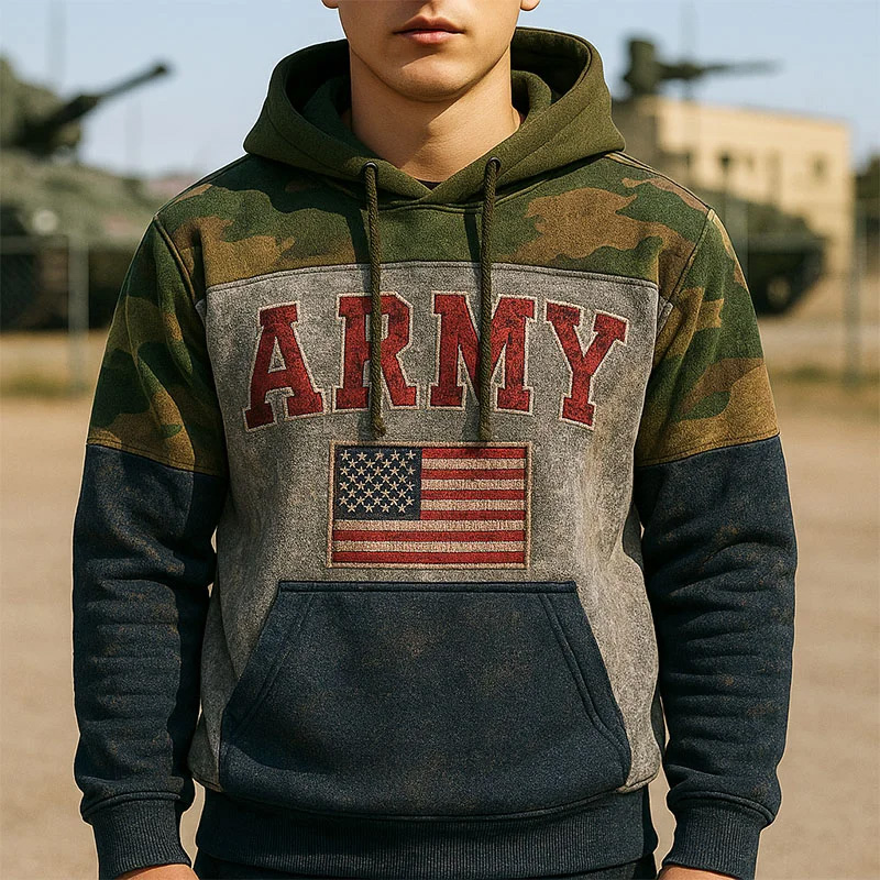 Men's Vintage Army Art Print Casual Hoodie