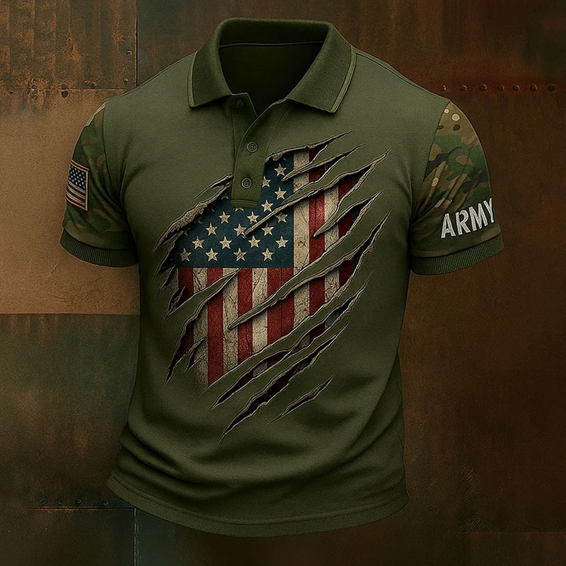 Men's Vintage Army Print Casual Polo Shirt