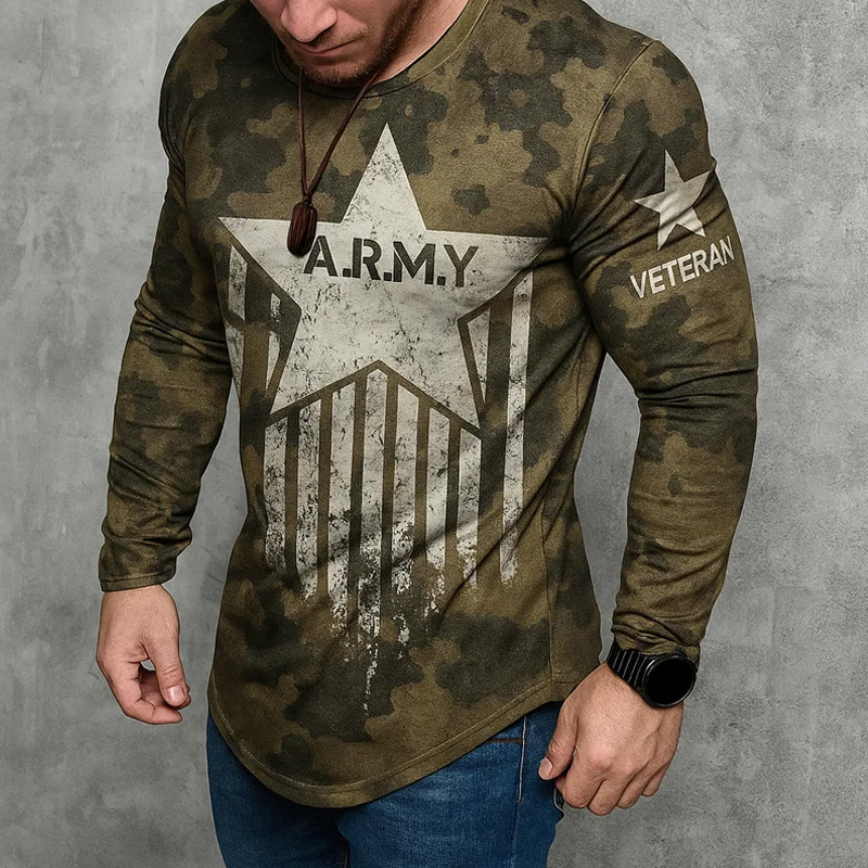 Men's Vintage Army Veteran Print Long Sleeve T-shirt
