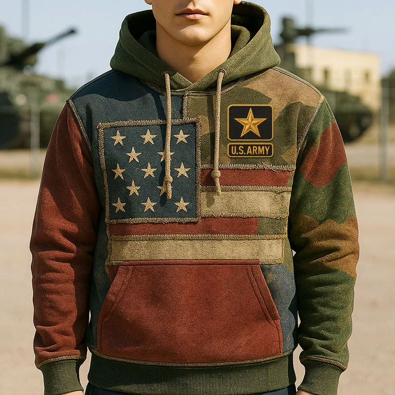 Men's Vintage Army Art Print Casual Hoodie