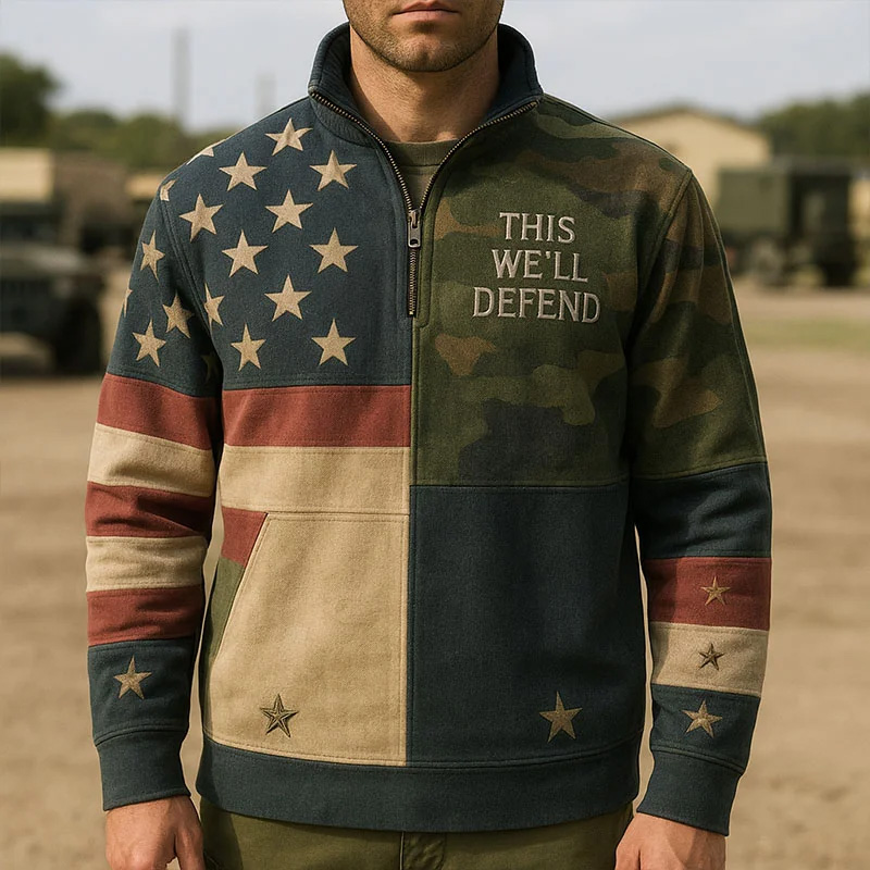 Men's Vintage Army Print Zip Collar Sweatshirt