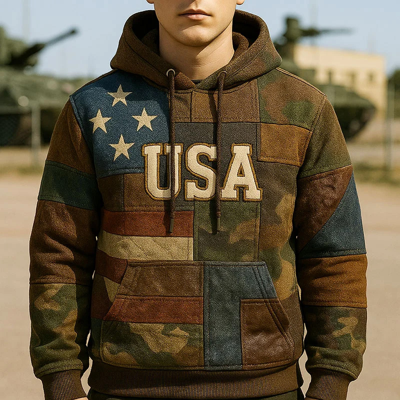 Men's Vintage Army Art Print Casual Hoodie