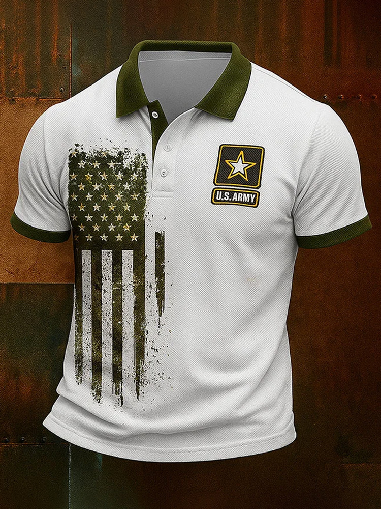 Men's Vintage Army Print Casual Polo Shirt
