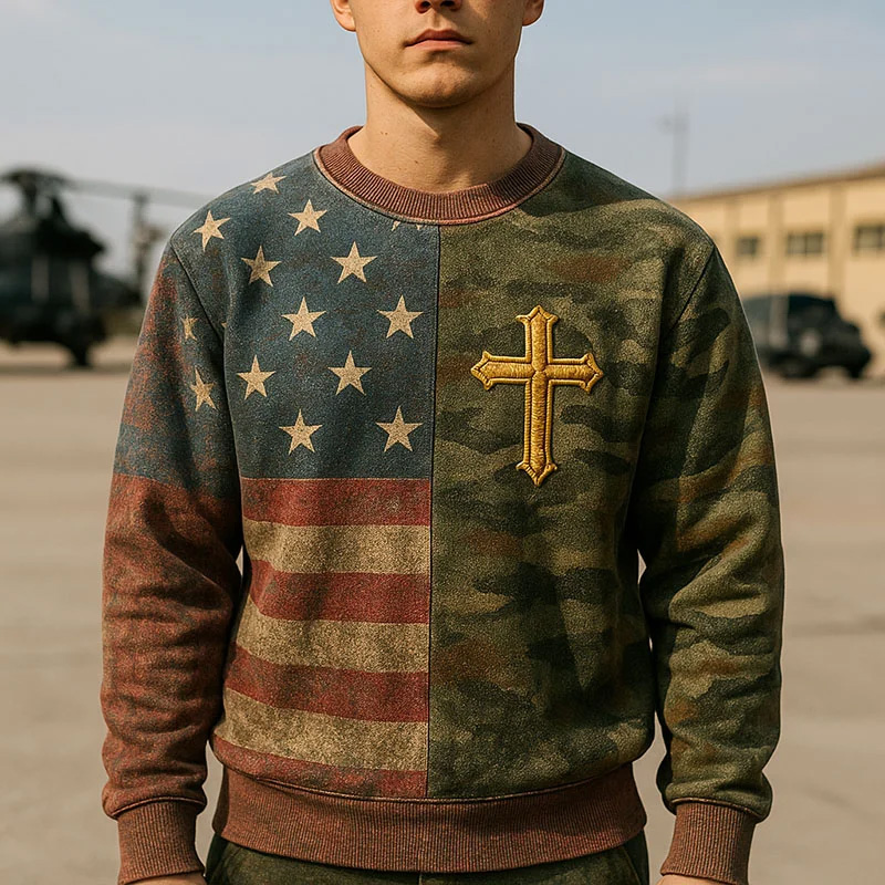 Men's Vintage Army Print Crew Neck Sweatshirt