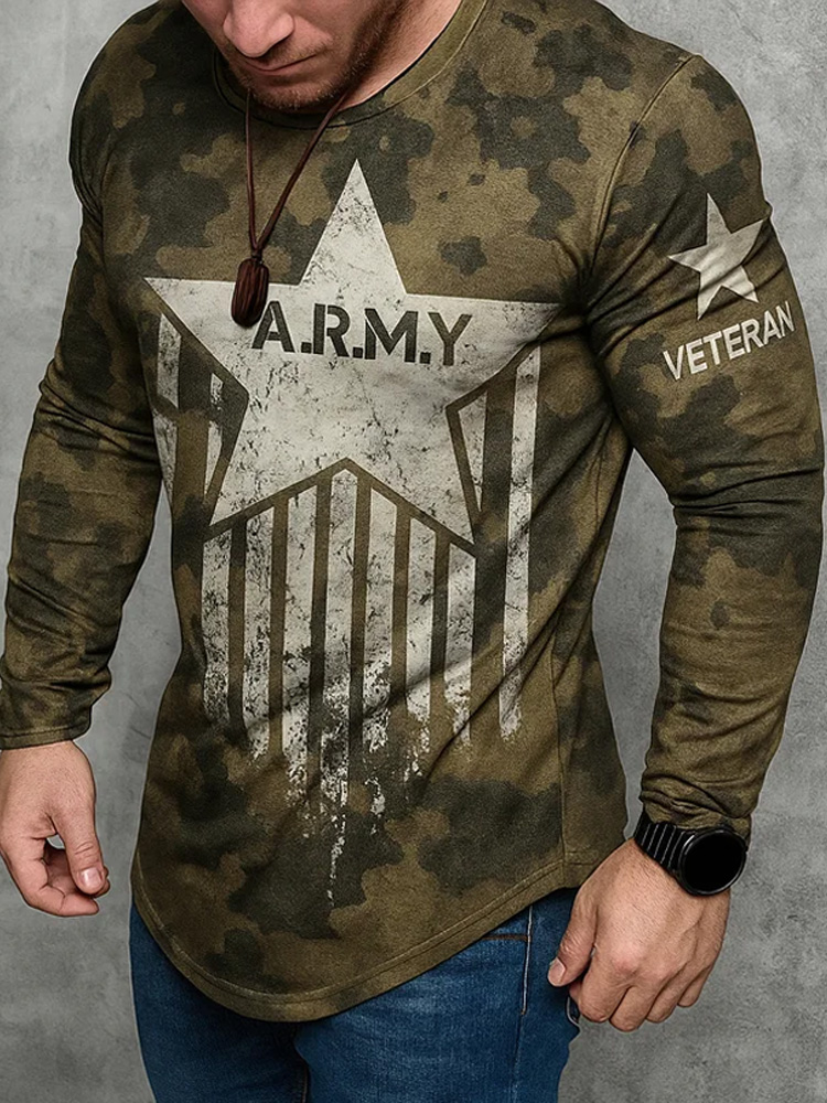 Men's Vintage Army Veteran Print Long Sleeve T-shirt