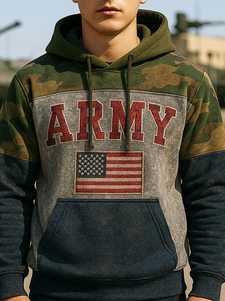 Men's Vintage Army Art Print Casual Hoodie