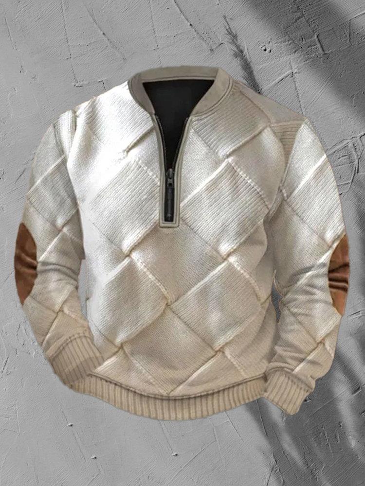 Men's Western Vintage Print Plush Stand Collar Zip Sweatshirt