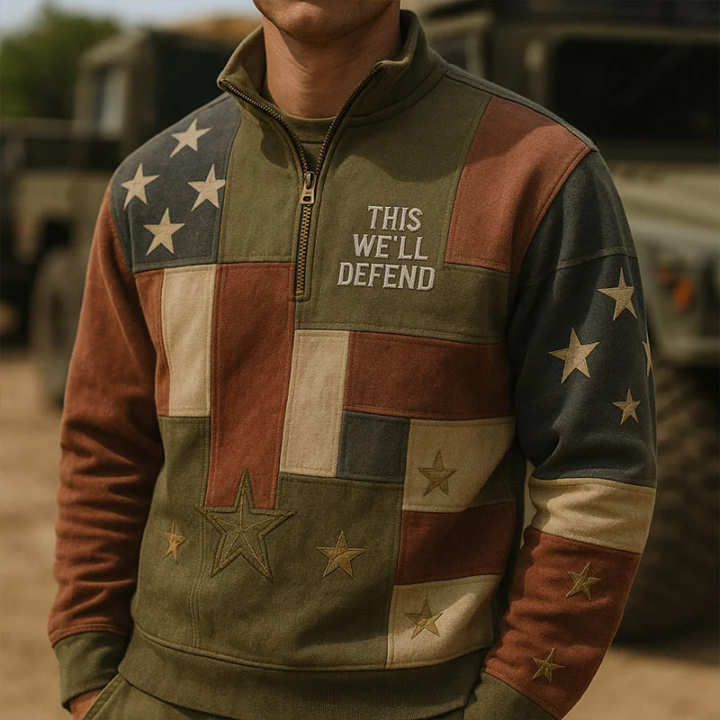 Men's Vintage Army Print Zip Collar Sweatshirt