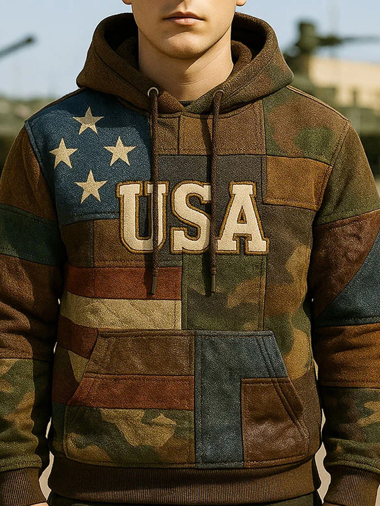 Men's Vintage Army Art Print Casual Hoodie