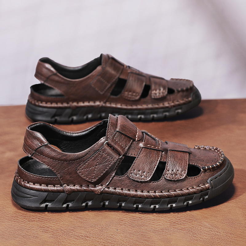 Men's Sport Sandals Closed Toe Outdoor Handmade Leather Sandal Adjustable Summer Fisherman Beach Shoes