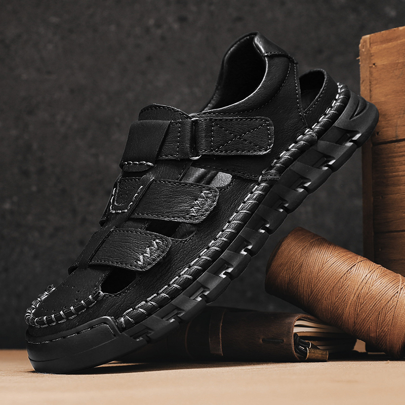 Men's Sport Sandals Closed Toe Outdoor Handmade Leather Sandal Adjustable Summer Fisherman Beach Shoes