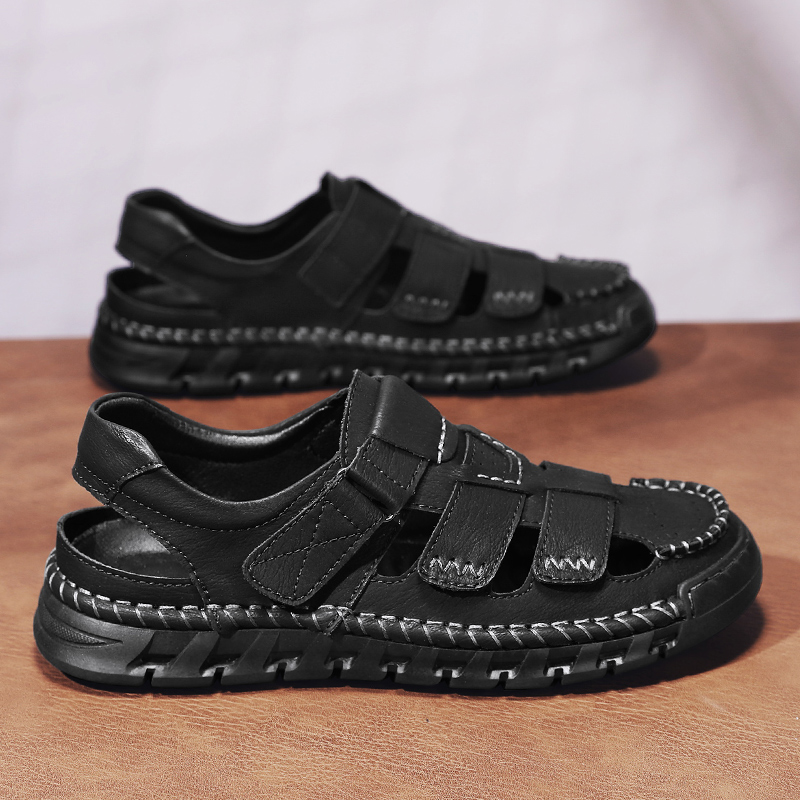 Men's Sport Sandals Closed Toe Outdoor Handmade Leather Sandal Adjustable Summer Fisherman Beach Shoes