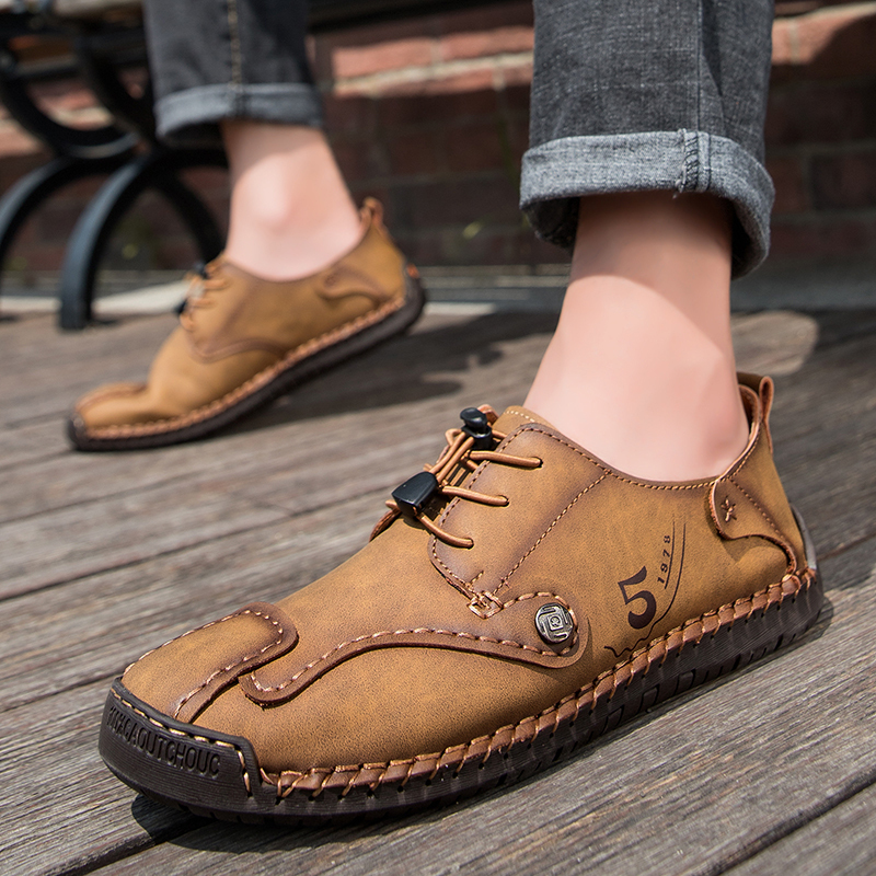 Mens Casual Shoes Summer Breathable Sneakers Loafers Walking Shoes Hand Made Lace-Up Leather Dress Flats Shoes for Driving Business Working Office