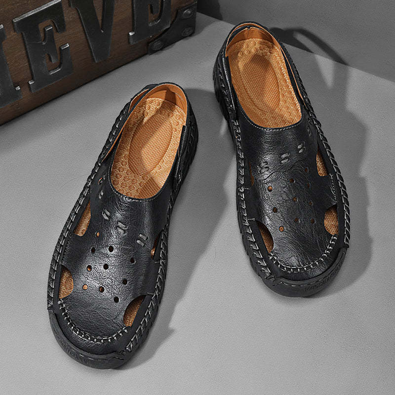 Men's Casual Closed Toe Adjustable Leather Sandals Handmade Fisherman Beach Sandals