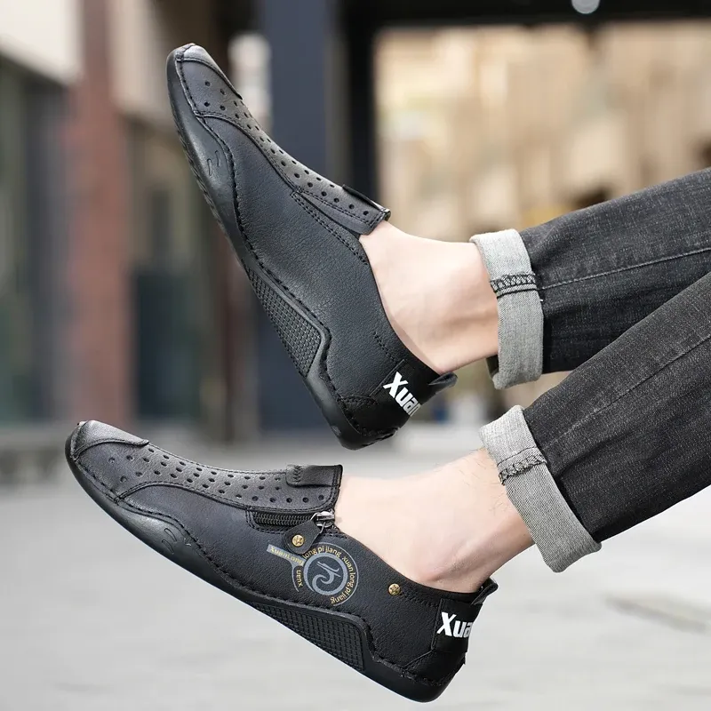 ⏰Last Day Deals 60% OFF🛒Men's Premium Leather Loafers – Arch Support Breathable Slip-On Shoes, Foot Pain Relief, Soft Anti-Puncture Sole, Durable Perforated Walking Dress Shoes