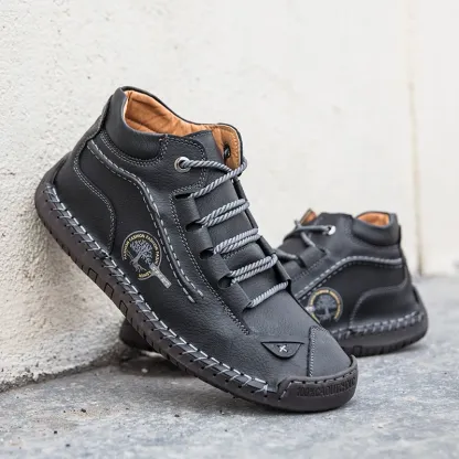 Men's Retro Hand-Stitched Pigskin Boots – Wide Toe, Breathable, Non-Slip, Arch Support, Memory Foam Insole, Lightweight & Comfortable for Walking & Driving