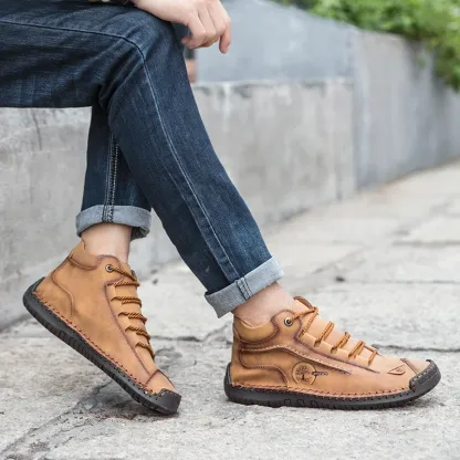 Men's Retro Hand-Stitched Pigskin Boots – Wide Toe, Breathable, Non-Slip, Arch Support, Memory Foam Insole, Lightweight & Comfortable for Walking & Driving