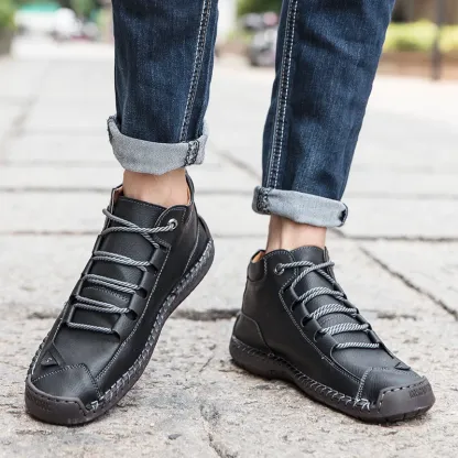 Men's Retro Hand-Stitched Pigskin Boots – Wide Toe, Breathable, Non-Slip, Arch Support, Memory Foam Insole, Lightweight & Comfortable for Walking & Driving