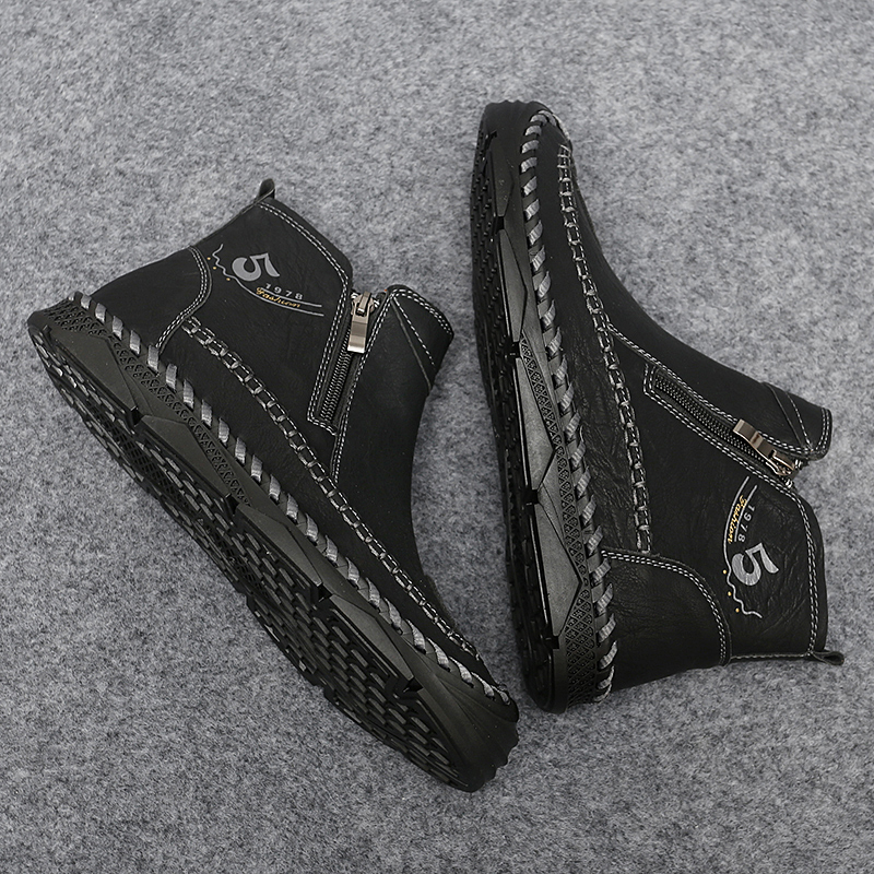 Mens Hand Stitching Leather Lace Up Ankle Boots Casual Vintage Non Slip Flats Arch Support Loafers for Hiking Walking Driving Chukka Boots