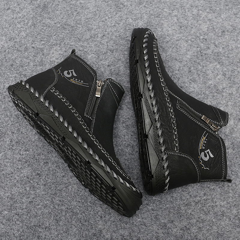 Mens Hand Stitching Leather Lace Up Ankle Boots Casual Vintage Non Slip Flats Arch Support Loafers for Hiking Walking Driving Chukka Boots