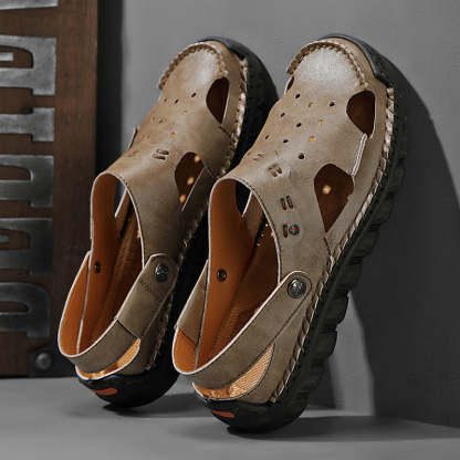 Men's Casual Closed Toe Adjustable Leather Sandals Handmade Fisherman Beach Sandals