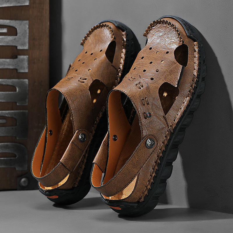 Men's Casual Closed Toe Adjustable Leather Sandals Handmade Fisherman Beach Sandals