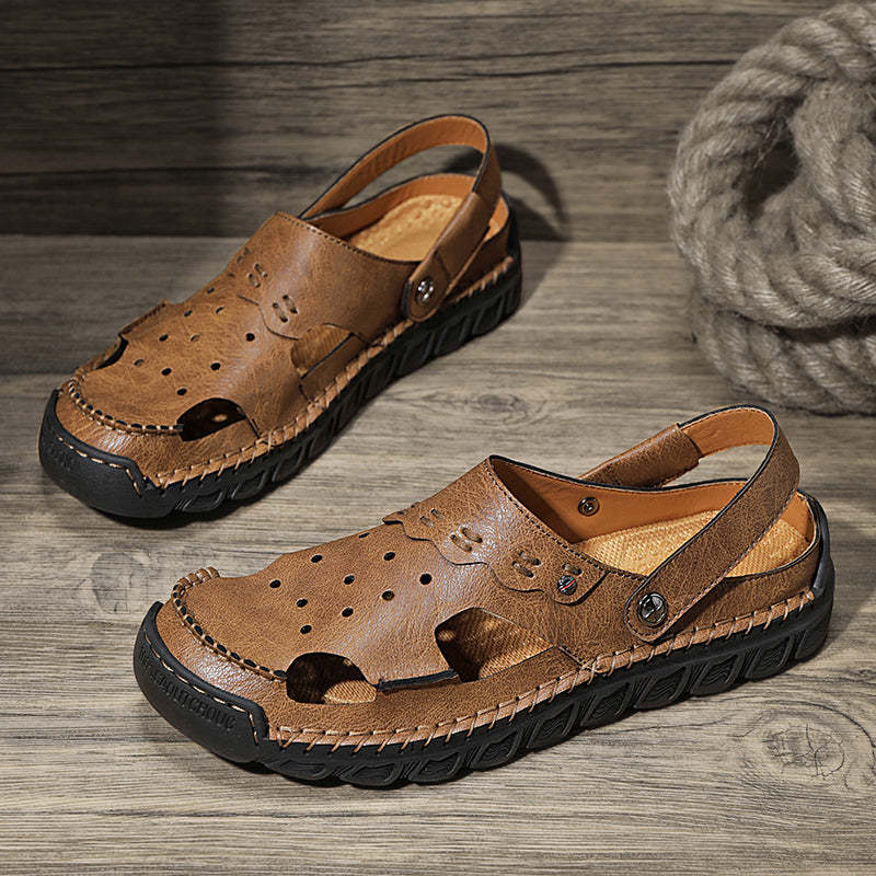Men's Casual Closed Toe Adjustable Leather Sandals Handmade Fisherman Beach Sandals
