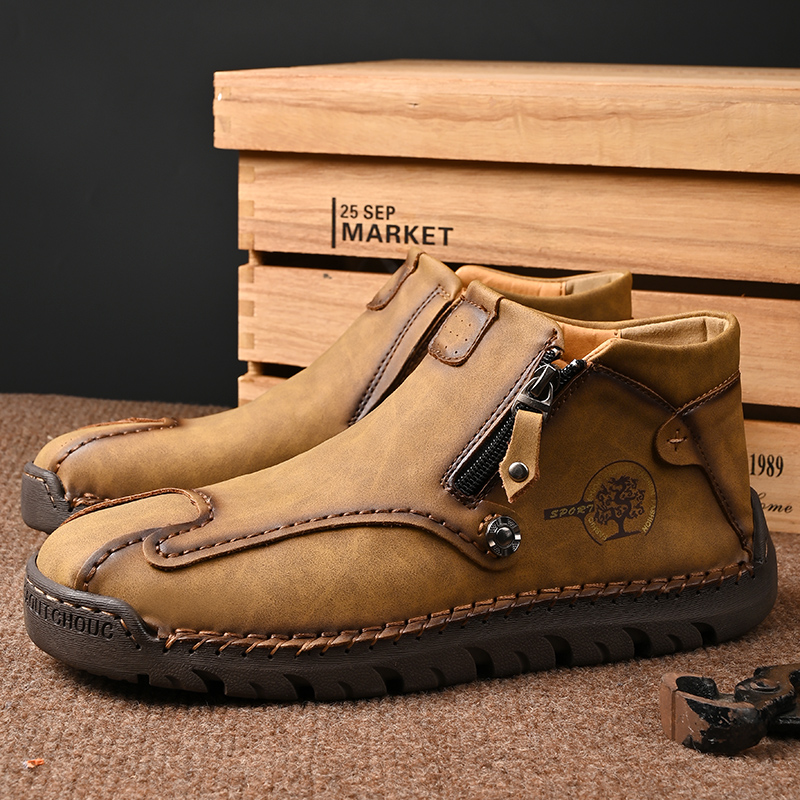 Mens Casual Leather Shoes Ankle Chukka Boots Slip On Lightweight Loafers Mid top Walking Driving Shoes for Male