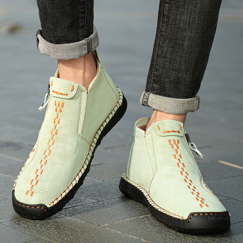 Mens Casual Leather Shoes Ankle Chukka Boots Slip On Lightweight Loafers Mid top Walking Driving Shoes for Male