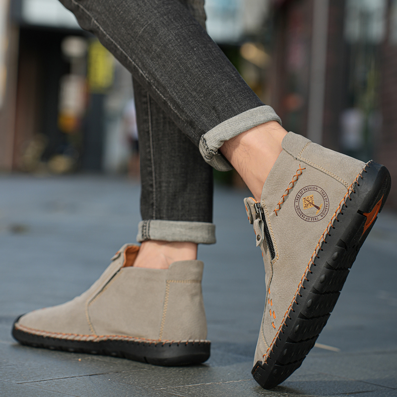 Mens Casual Leather Shoes Ankle Chukka Boots Slip On Lightweight Loafers Mid top Walking Driving Shoes for Male