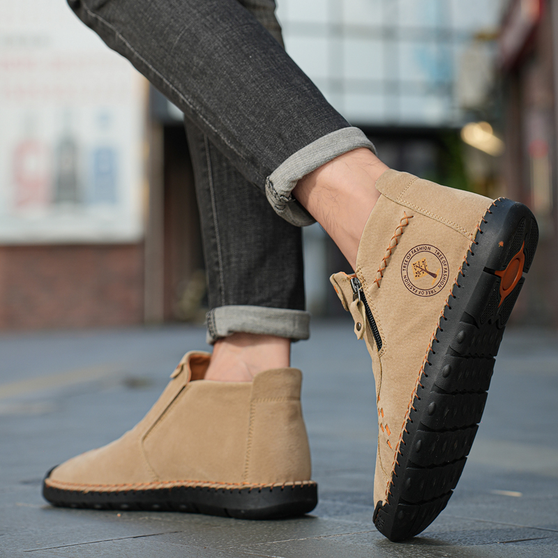 Mens Casual Leather Shoes Ankle Chukka Boots Slip On Lightweight Loafers Mid top Walking Driving Shoes for Male