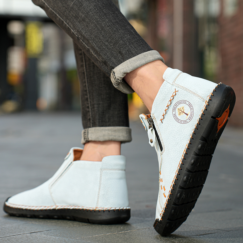 Mens Casual Leather Shoes Ankle Chukka Boots Slip On Lightweight Loafers Mid top Walking Driving Shoes for Male