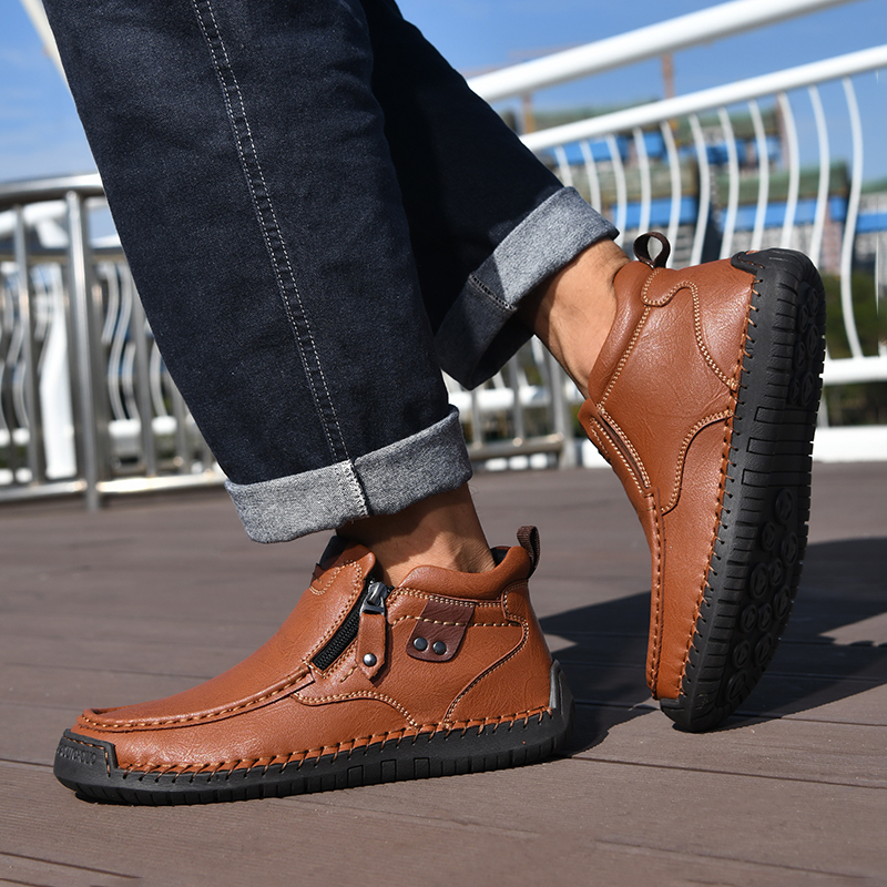 Mens Casual Leather Shoes Ankle Chukka Boots Slip On Lightweight Loafers Mid top Walking Driving Shoes for Male