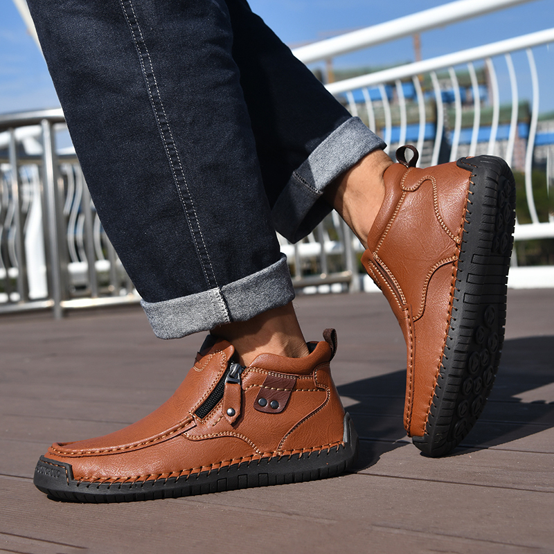 Mens Casual Leather Shoes Ankle Chukka Boots Slip On Lightweight Loafers Mid top Walking Driving Shoes for Male