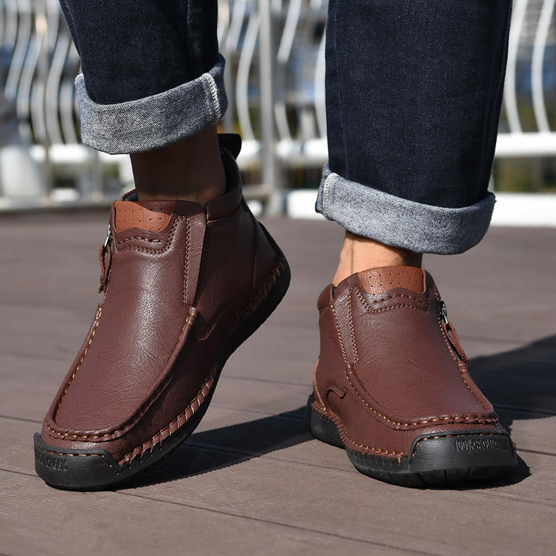 Mens Casual Leather Shoes Ankle Chukka Boots Slip On Lightweight Loafers Mid top Walking Driving Shoes for Male