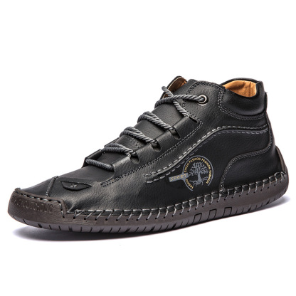 Men's Retro Hand-Stitched Pigskin Boots – Wide Toe, Breathable, Non-Slip, Arch Support, Memory Foam Insole, Lightweight & Comfortable for Walking & Driving