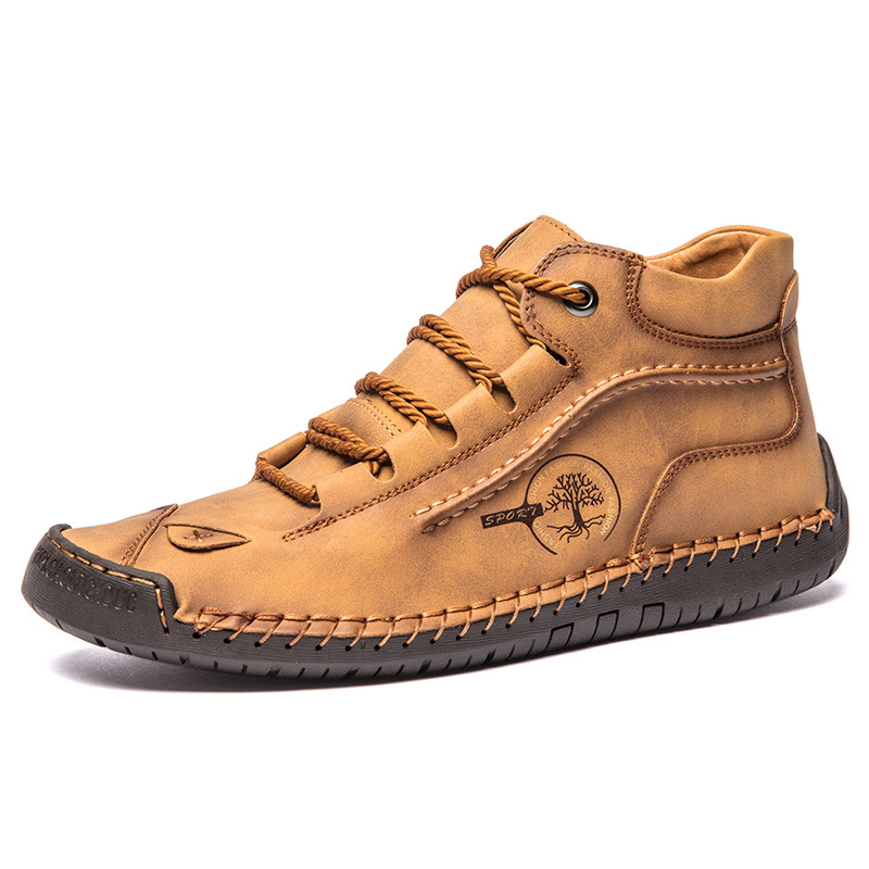 Men's Retro Hand-Stitched Pigskin Boots – Wide Toe, Breathable, Non-Slip, Arch Support, Memory Foam Insole, Lightweight & Comfortable for Walking & Driving