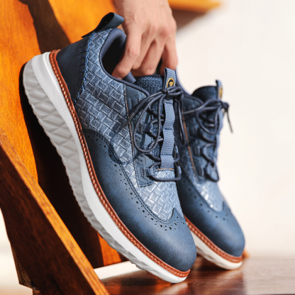 Men's Blue Casual Sneakers, Artificial Leather Upper,Thick Soles, Big Sizes, British Style, Brogues Shoes,Comfortable