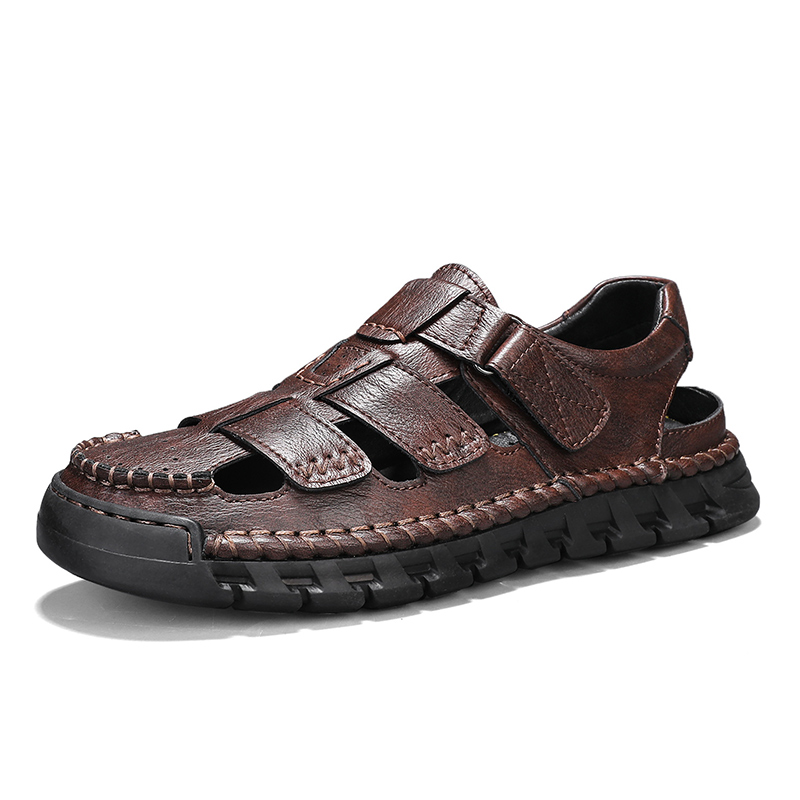 Men's Sport Sandals Closed Toe Outdoor Handmade Leather Sandal Adjustable Summer Fisherman Beach Shoes