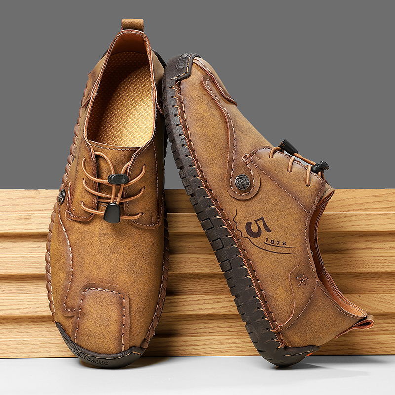 Mens Casual Shoes Summer Breathable Sneakers Loafers Walking Shoes Hand Made Lace-Up Leather Dress Flats Shoes for Driving Business Working Office