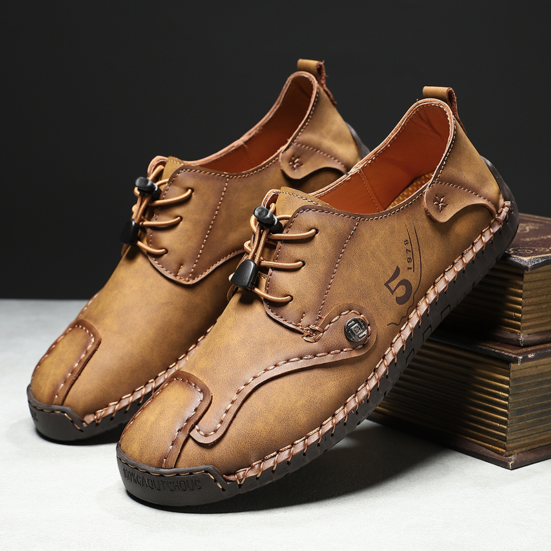 Mens Casual Shoes Summer Breathable Sneakers Loafers Walking Shoes Hand Made Lace-Up Leather Dress Flats Shoes for Driving Business Working Office