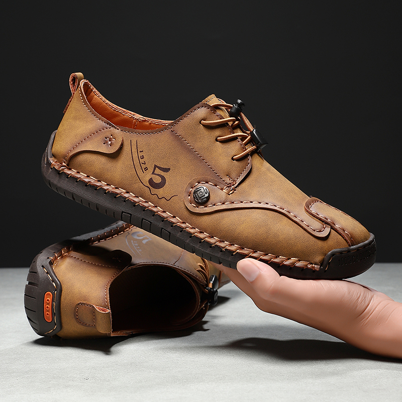 Mens Casual Shoes Summer Breathable Sneakers Loafers Walking Shoes Hand Made Lace-Up Leather Dress Flats Shoes for Driving Business Working Office