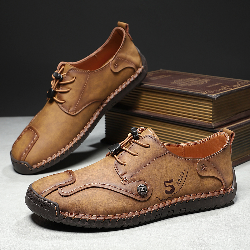 Mens Casual Shoes Summer Breathable Sneakers Loafers Walking Shoes Hand Made Lace-Up Leather Dress Flats Shoes for Driving Business Working Office