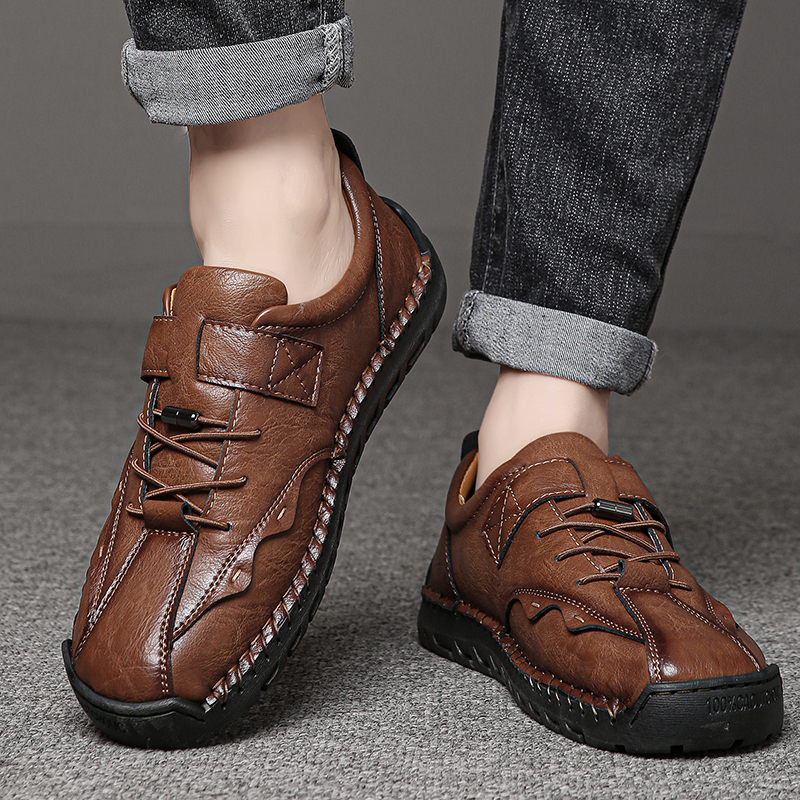 Men's Slip On Loafers Leather Casual Shoes,Lightweight Comfy Vintage Hand-Stitching Zip Driving Walking Sneakers