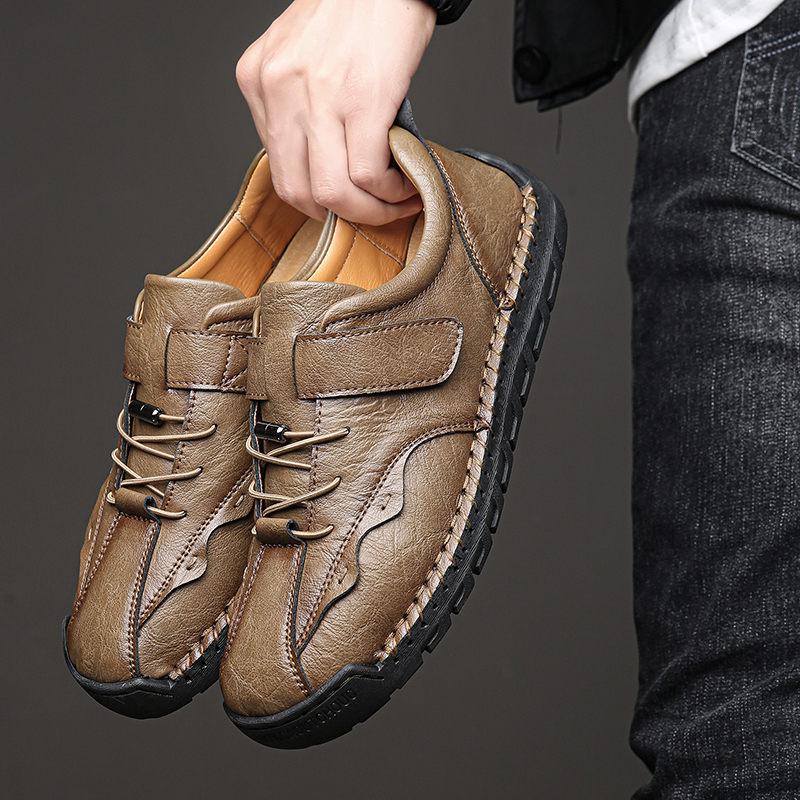 Men's Slip On Loafers Leather Casual Shoes,Lightweight Comfy Vintage Hand-Stitching Zip Driving Walking Sneakers